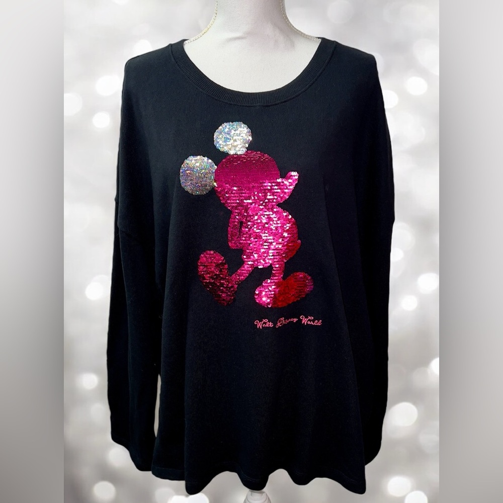 Women’s Plus Size 1X 2X Walt Disney Mickey Mouse Sweatshirt, Pink Silver Sequins